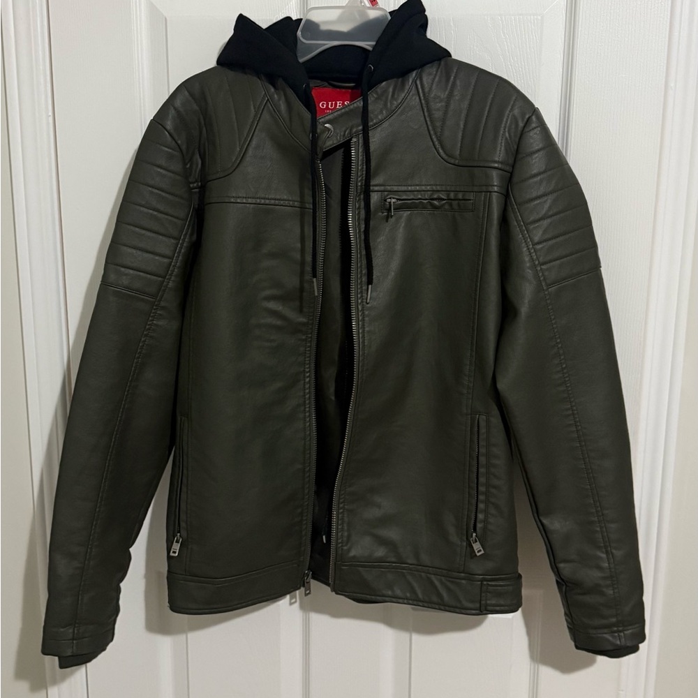 Guess Men's Dark Gray Faux Leather Bomber Jacket